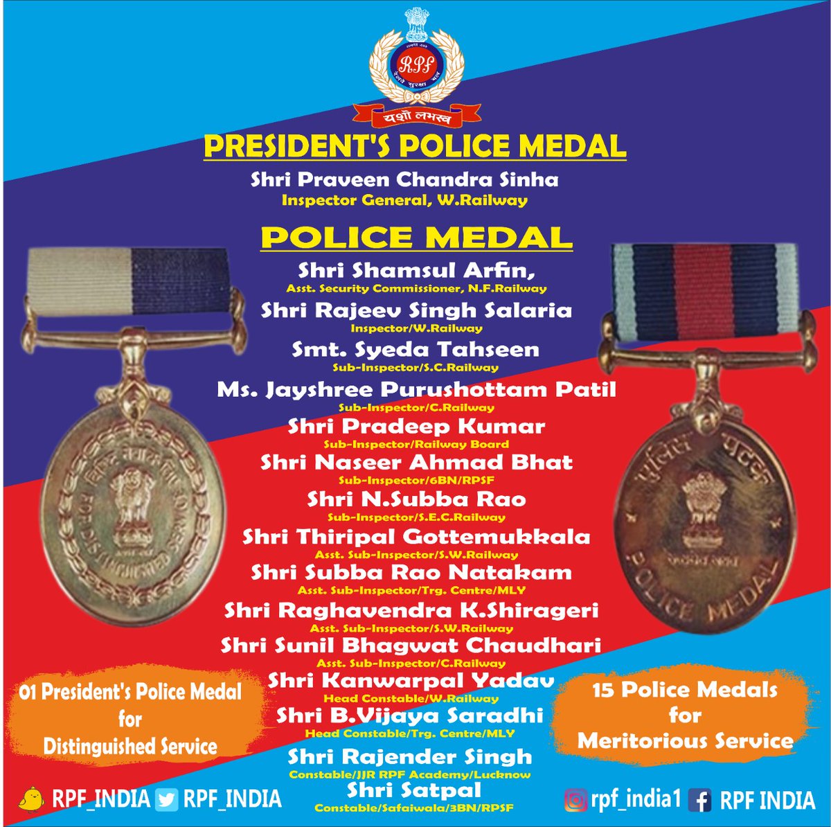 Hon'ble #PresidentofIndia on the occasion of #IndependenceDay awarded 01 President's Police Medal  for Distinguished Service &amp; 15 Police Medals for Meritorious Service to the ranks of <a href="/RPF_INDIA/">RPF INDIA</a>. 
Congratulations to the awardees💐
#SewaHiSankalp
<a href="/RailMinIndia/">Ministry of Railways</a>
<a href="/AshwiniVaishnaw/">Ashwini Vaishnaw</a>