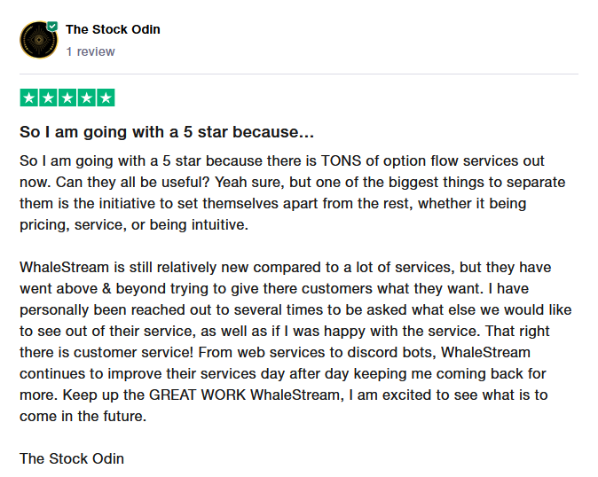 TheStockOdin's tweet photo. Put my @Trustpilot ✅review in for @WhaleStream🐳

Thanks for the great service you provide 💪🐳 💰
#orderflow #optiondata #flowprovider #optiontrading #whalestream #whalestreamreview https://t.co/ARA4JwEMzR