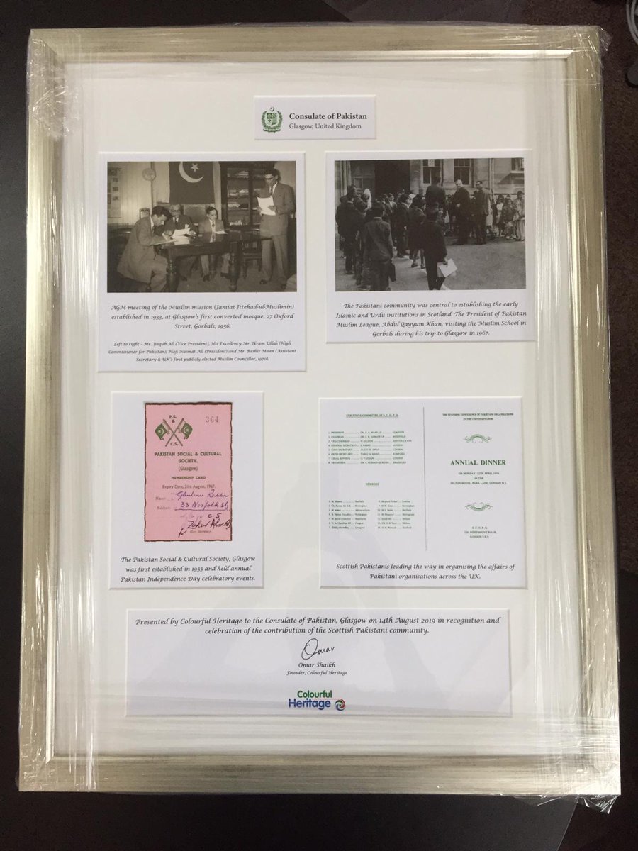 ColourHeritage's tweet photo. A beautiful framed gift presented to @Pakinglasgow on #PakIndependenceDay 2019 to recognise and celebrate the many immense contributions since the 1950s of the Scottish #Pakistani community, presented by CH and volunteers, including @HumzaYousaf https://t.co/NdWDYbdeNS