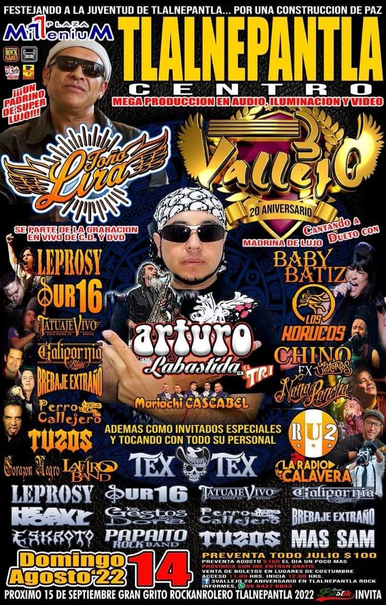 Rock_Urbano's tweet photo. 14 de Agosto 2022 / Plaza Millenium / Tlalnepantla / 11AM
#TexTex
#LiranRoll
#3Vallejo
#Leprosy
#Sur16
#TatuajeVivo
#CaliforniaBlues
#BrebajeExtraño
#PerroCallejero
#LosGestosDeLaDoña
#Tuzos
Y más
#TocadaTlalnepantla #TocadasRockUrbano #RockUrbano #RockNacional #RockMexicano https://t.co/4Y7U0sNmwB