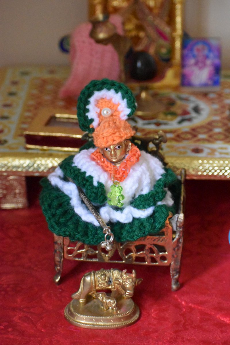 Our beloved Laddoo Gopal in Tiranga colors 🇮🇳
Outfit, mukut and necklace made by my American born but desi at heart son. 

Happy 75th Independence day 🇮🇳🎉

#harghartiranga #HarGharTirangaCampaign 
#indianIndependenceDay 
#75thYearOfIndependence