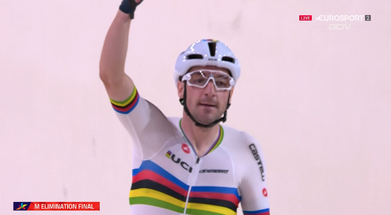 Elia Viviani rode the Euro road champs earlier today, finished 7th after 207km. Five hours later he wins the Elimination race on the track