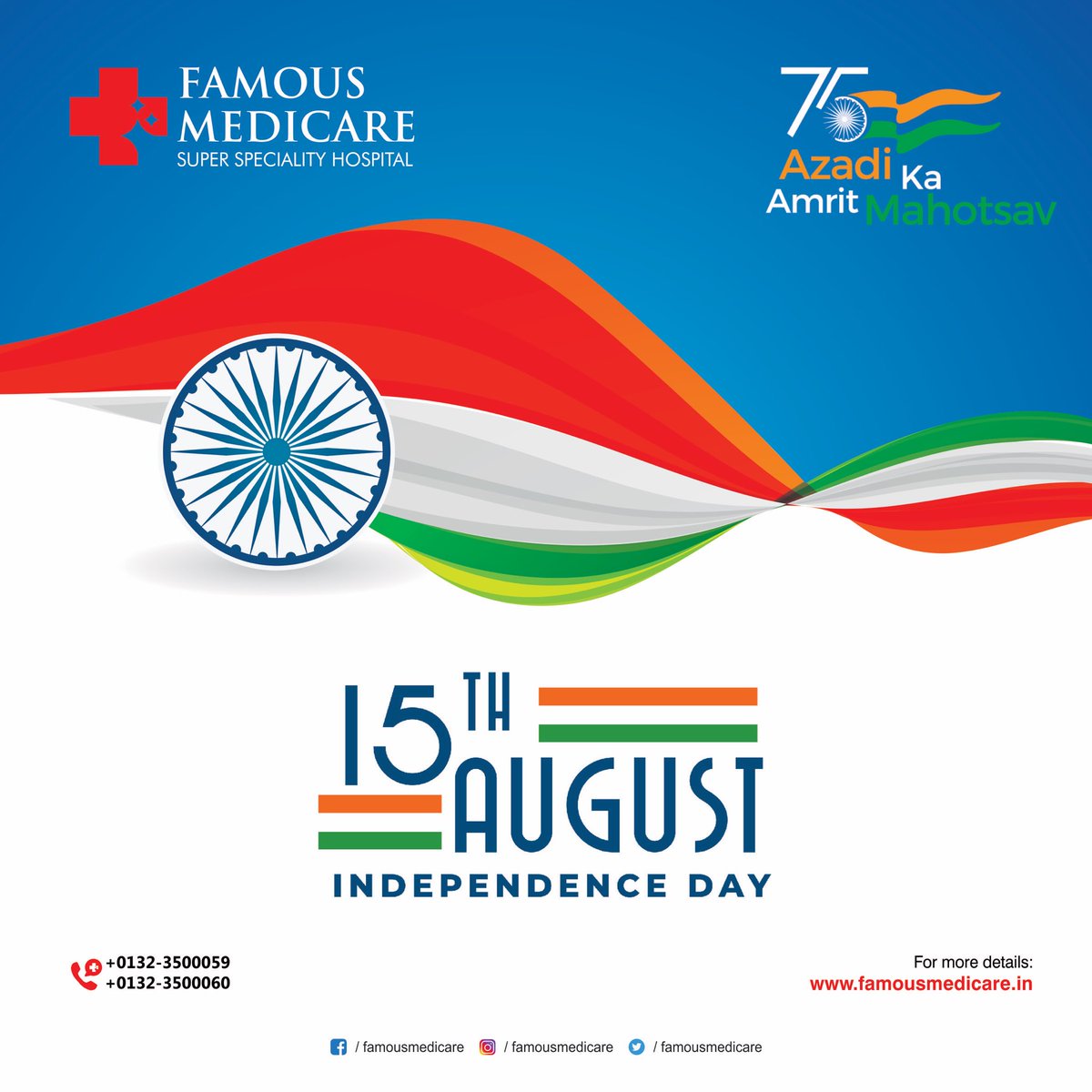 FamousMedicare's tweet photo. Happy Independence Day!Let's all celebrate the great Freedom!Let us take pride in celebrating Independence Day as we are a country of brave men &amp; women. Freedom is the most precious thing in every human's life. We're celebrating the 75th independence day (Azadi Ka Amrit Mahotsav) https://t.co/VxAJZRvHzs