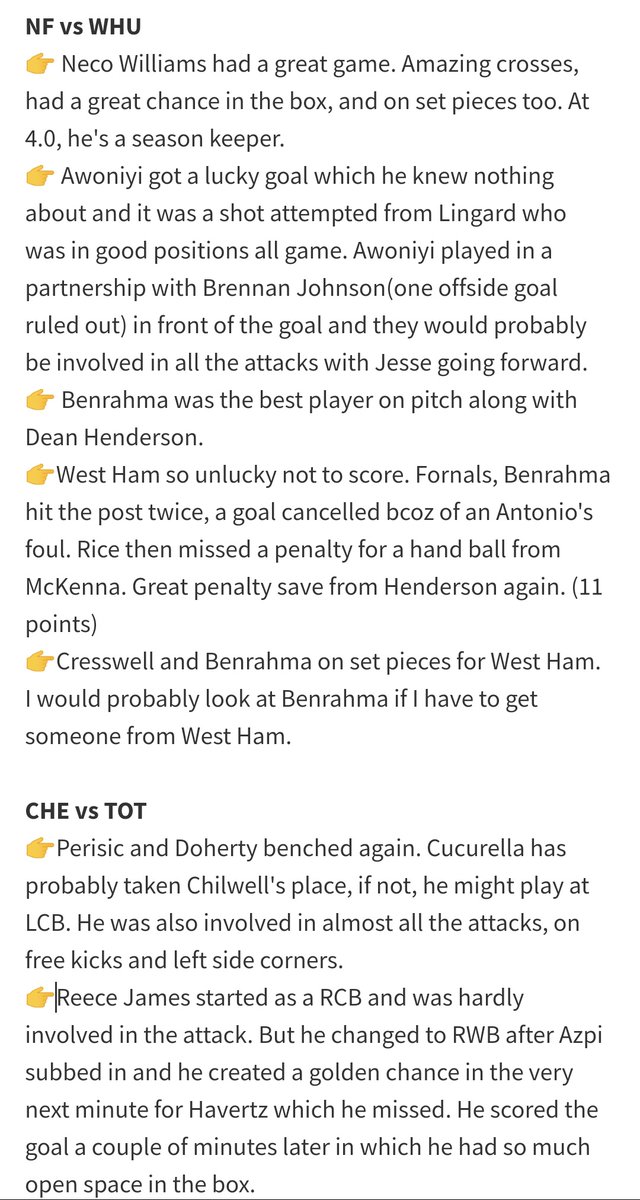MUFCFrontline's tweet photo. I'm glad my notes were shared and read by many today. Overwhelmed by the response. Thanks!! 🔥

Here are my #GW2 thoughts on Sunday games. Forest vs West Ham and Chelsea vs Spurs. 

Please RT if you find it useful to reach a wider audience 💛 https://t.co/8Yv1VOK0oT