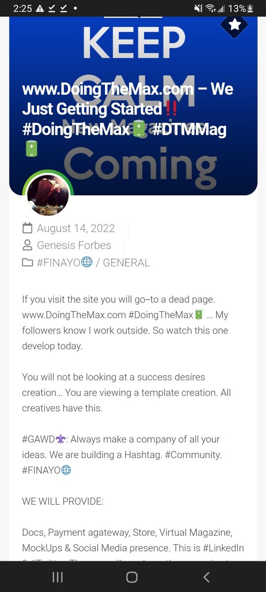 iKnowMrForbes's tweet image. DoingTheMax.com YOU JUST GETTING STARTED‼️ #DoingTheMax🔋 #DTMMag🔋 Creation LIVE follow this link to see it happening....(Educational Purposes, #LIVETutorial)

Build a Magazine Website in One Day Tutorial by #GAWD⚜️ 
#FINAYO🌐 iknowmrforbes.net/www-doingthema… #BrandingTemplate⚜️