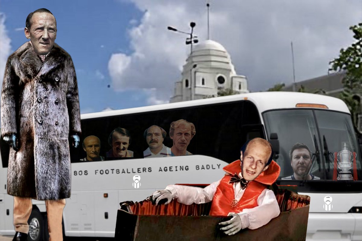Barbagigantesca's tweet photo. @80sAging The players arrive at old Wembley Stadium for the final of the 2022 #FACupOfBadlyAgingFootballers Jimmy’s choice of a fur coat is unusual given the weather. Stenman has just ‘risen’, after a pre-match nap, and is sporting his usual attire.. @80sAging https://t.co/P2P6hoQxXX