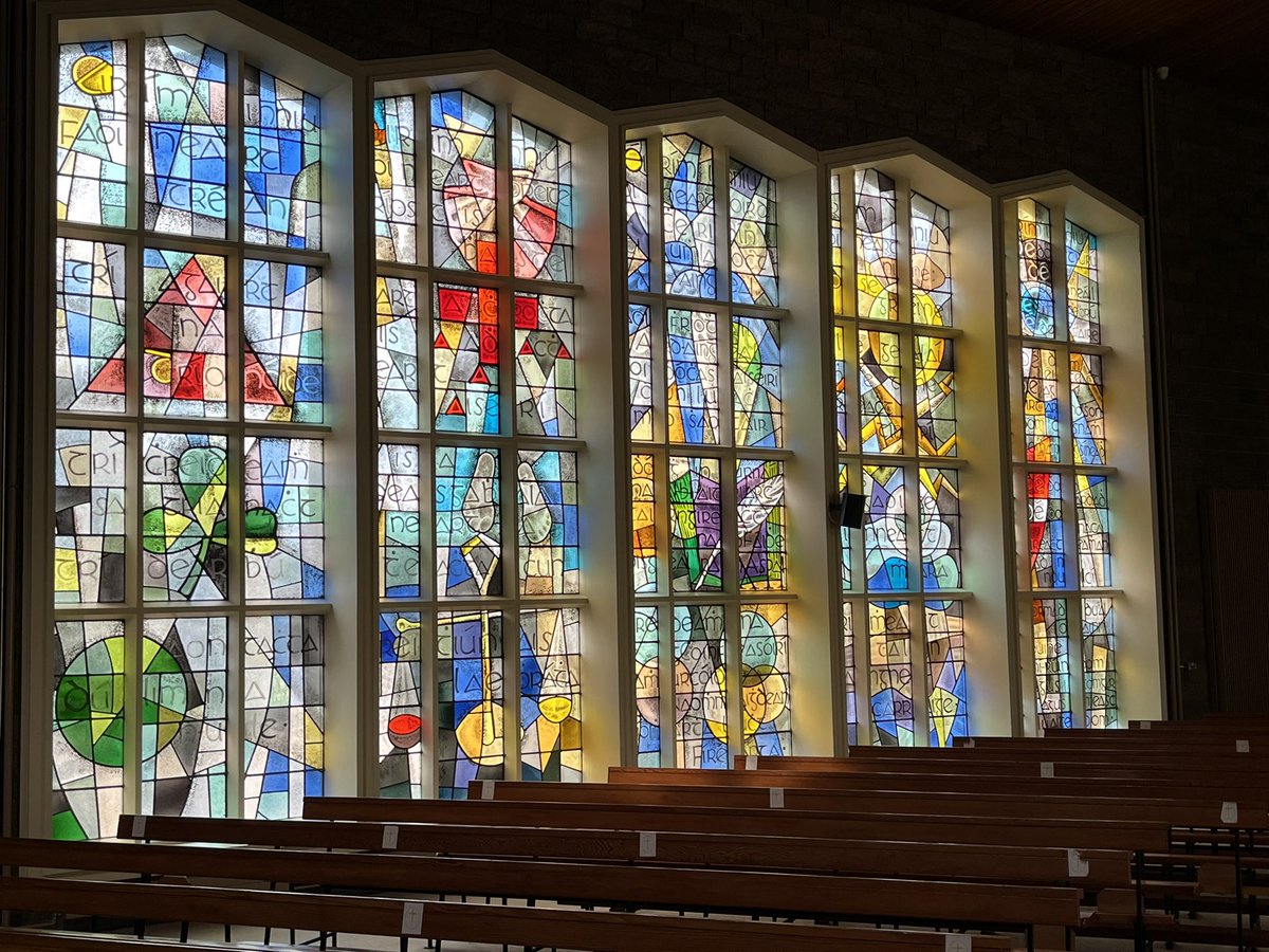DunleavyBernard's tweet photo. The third stop on our tour of Liam McCormick’s #MagnificentSeven Donegal churches. St Patrick’s at Murlog - Oisín Kelly mosaic, Imogen Stuart cross, Patrick Pollen windows, amazing interior light. #LiamMcCormick #RHA @RHAGallery @govisitdonegal https://t.co/vi0SoW9kRk
