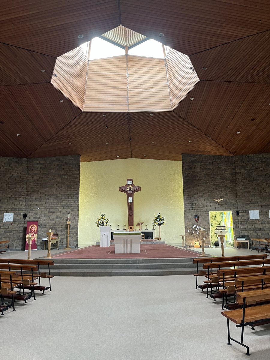 DunleavyBernard's tweet photo. The third stop on our tour of Liam McCormick’s #MagnificentSeven Donegal churches. St Patrick’s at Murlog - Oisín Kelly mosaic, Imogen Stuart cross, Patrick Pollen windows, amazing interior light. #LiamMcCormick #RHA @RHAGallery @govisitdonegal https://t.co/vi0SoW9kRk