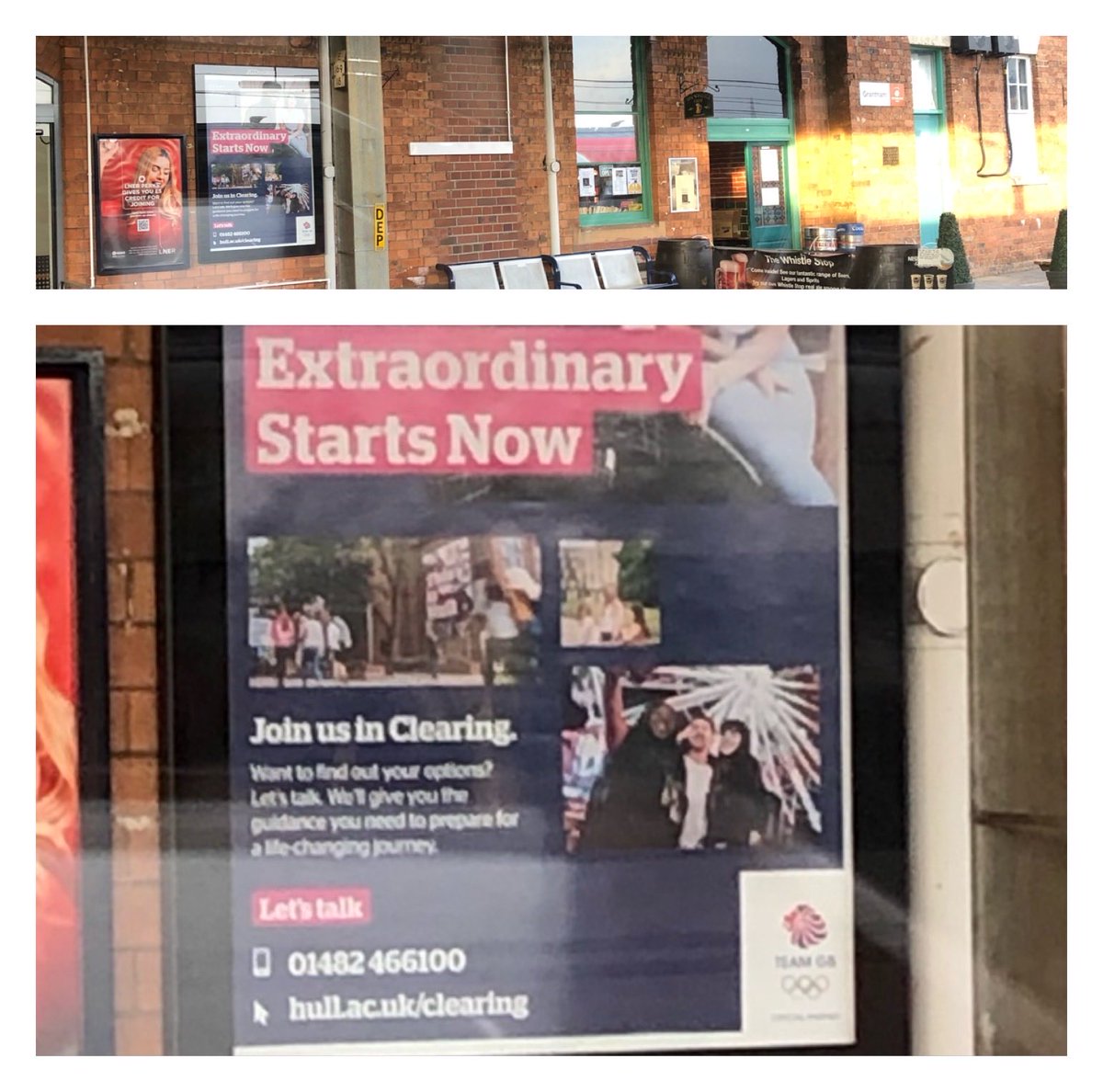 On a hot train to London, but cheered up by ⁦<a href="/UniOfHull/">University of Hull</a>⁩ sign at Grantham station

Good luck to all students waiting for results this week &amp; to those who have already had their Scottish Highers

#choosehull although I may be biased 

⁦<a href="/TeamGB/">Team GB</a>⁩ ⁦@Hull_Yorkshire⁩