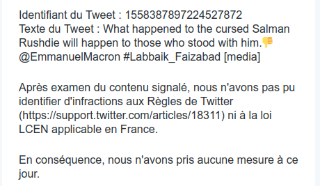 Bonjour l'algorithme de @TwitterSafety @TwitterFrance On peut menacer de mort tous 'ceux qui sont avec Macron' (donc par extension, on va dire tous les occidentaux) sans enfreindre vos règles ? @Ctrlsec_FR