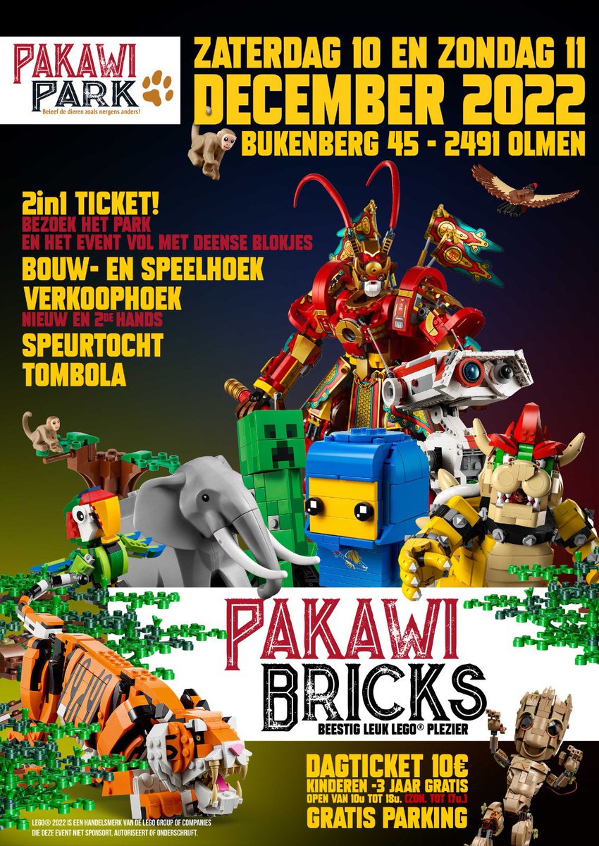 brickmine's tweet photo. Naar beestjes kijken en daarna een LEGO beurs of net andersom.
Het kan op 10 en 11 December @Pakawipark
In samenwerking met het park maken wij er een tof weekend van ten voordele van de bouw voor het nieuwe apenverblijf Monkey Island! 🐒 #LEGO #AFOL #OLMEN #uitinvlaanderen https://t.co/rejhVUOczF