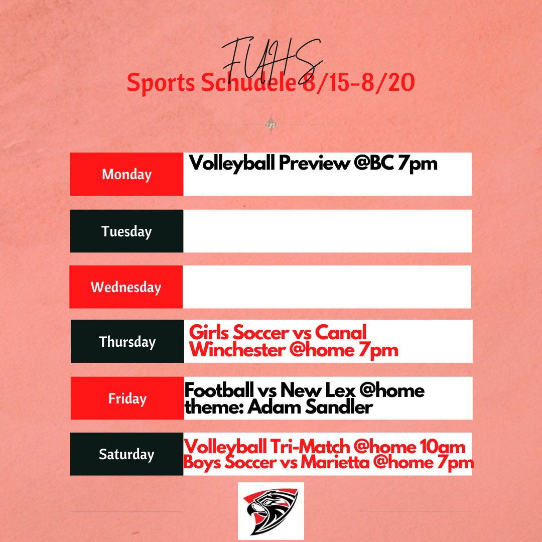 ⚠️SPORTS SCHEDULE ⚠️ Week of 8/15
Let’s roll 🔥 #gobirds🦅