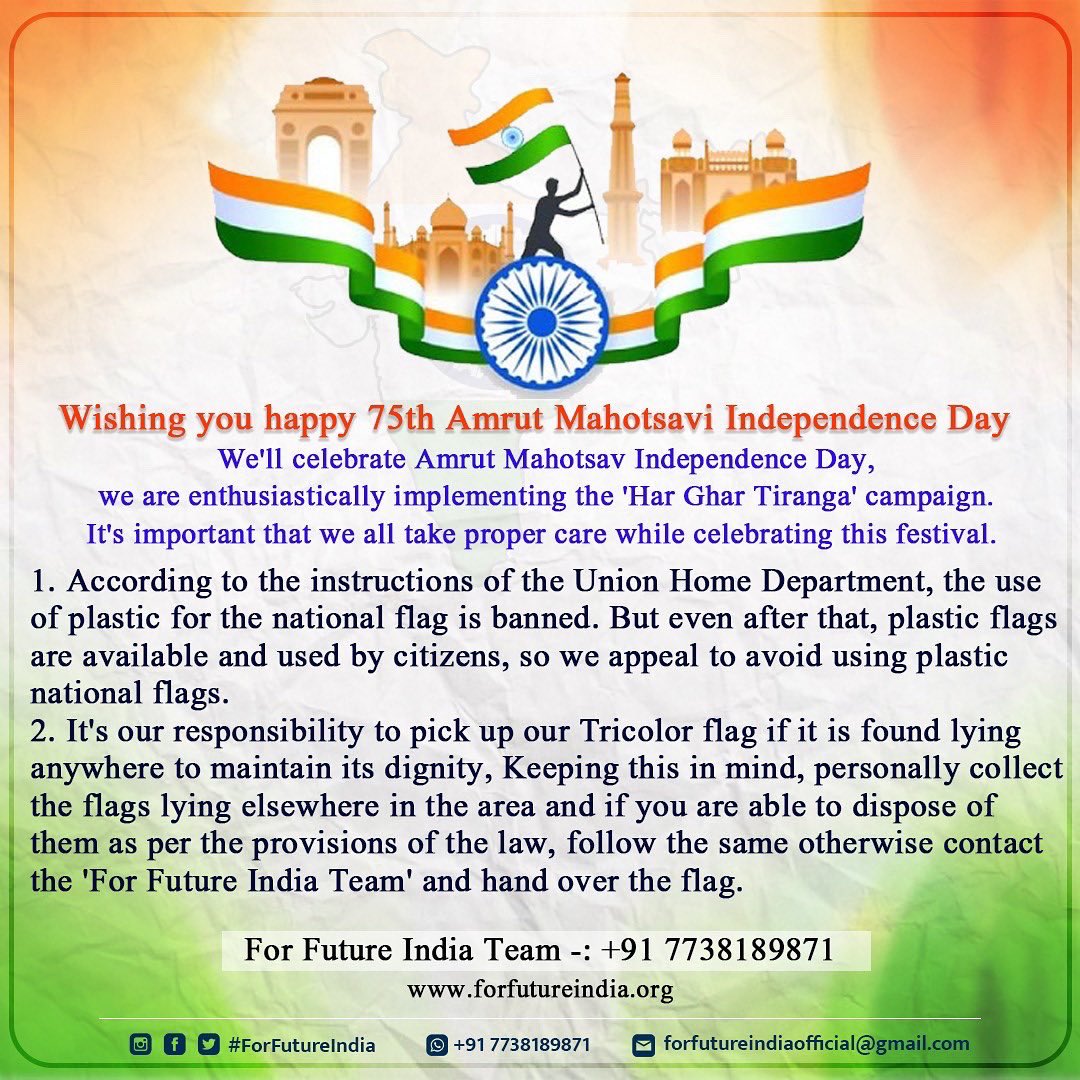 forfuturein's tweet photo. Wishing you happy 75th Amrut Mahotsavi Independence Day 🇮🇳

We'll celebrate Amrut Mahotsav Independence Day, we are enthusiastically implementing the 'Har Ghar Tiranga' campaign. It's important that we all take proper care while celebrating this festival.l

FFI Team -: 7738189871 https://t.co/ox8ZHJod8t