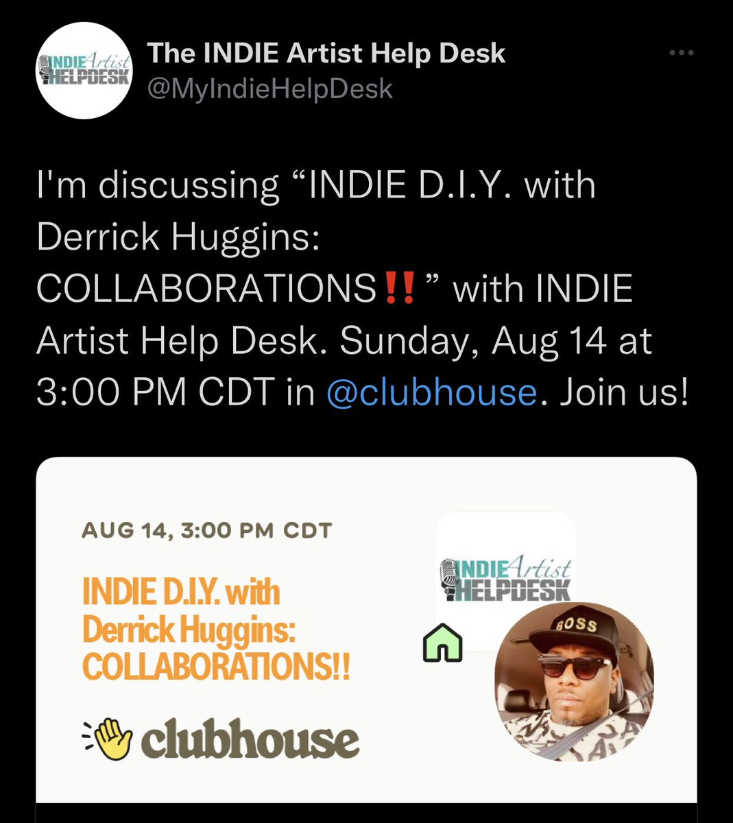 Join <a href="/1DerrickHuggins/">Derrick Huggins</a> in ONE hour at 3pm CST/4pm EST in The INDIE Artist Help Desk on <a href="/Clubhouse/">Clubhouse</a>! You do NOT want to miss THIS ONE‼️ 🧠📝👆🏾 <a href="/MyIndieHelpDesk/">The INDIE Artist Help Desk</a>