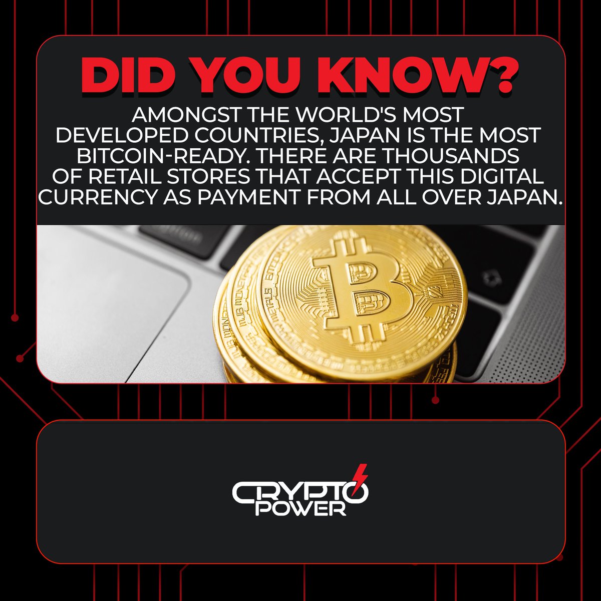 Crypto__Power's tweet image. Amongst the world's most developed countries, Japan is the most bitcoin-ready. There are thousands of retail stores that accept this digital currency as payment from all over Japan.
.
Follow us on 👉
@Crypto__Power

.
#crypto #opensea #cryptotraders #cryptoart #cryptocurrency
