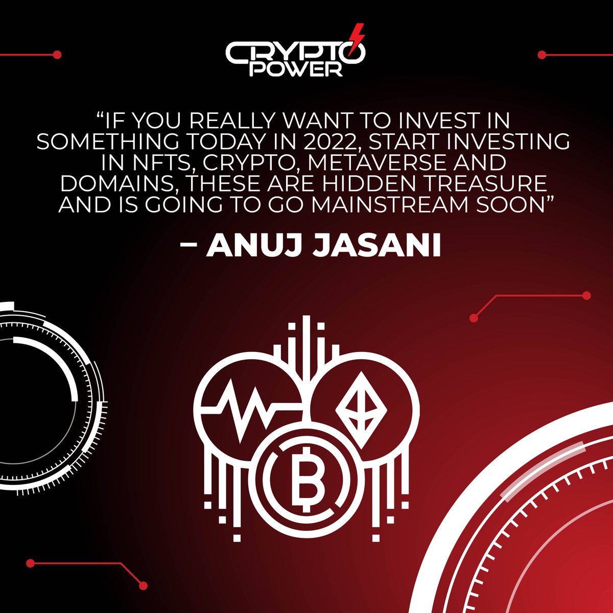 Crypto__Power's tweet image. If you really want to invest in something today in 2022, start investing in NFTs, Crypto, Metaverse and Domains, these are hidden treasure and is going to go mainstream soon ___ Anuj Jasani
.
Follow us on 👉
@Crypto__Power
.
#crypto #Bitcoin #opensea #cryptotraders #cryptoart