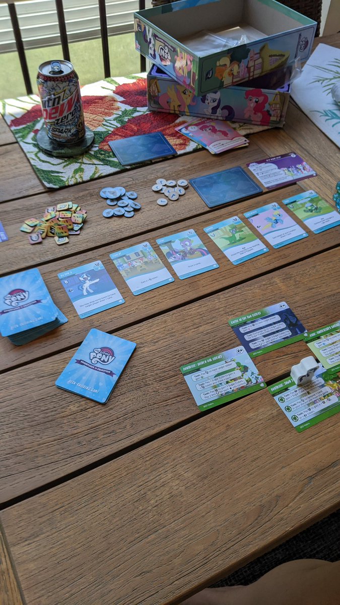 We are in Ponyville trying to rid the world of gloom. Helps with the Mountain Dew Spark. <a href="/DiceAndNames/">Rolling Dice & Taking Names</a> <a href="/PlayRenegade/">Renegade Game Studios</a> <a href="/MountainDew/">Mountain Dew®</a> #boardgames #mylittlepony