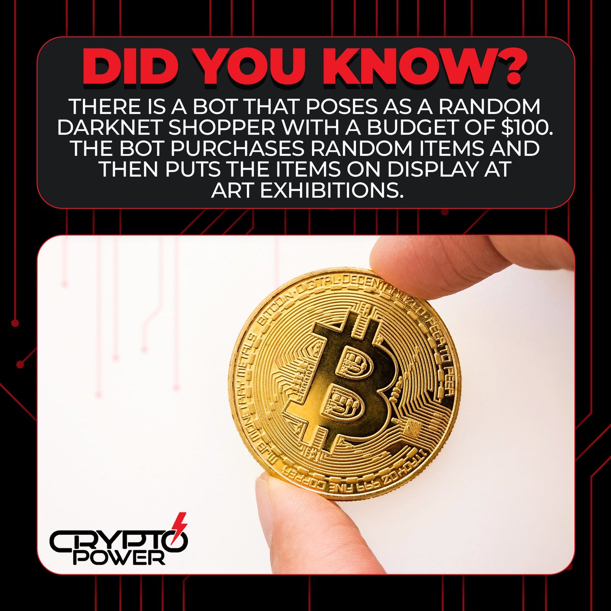 Crypto__Power's tweet image. There is a bot that poses as a random darknet shopper with a budget of $100. The bot purchases random items and then puts the items on display at art exhibitions.
.
Follow us on 👉
@Crypto__Power
.
#crypto #Bitcoin #opensea #cryptotraders #cryptoart #cryptocurrency