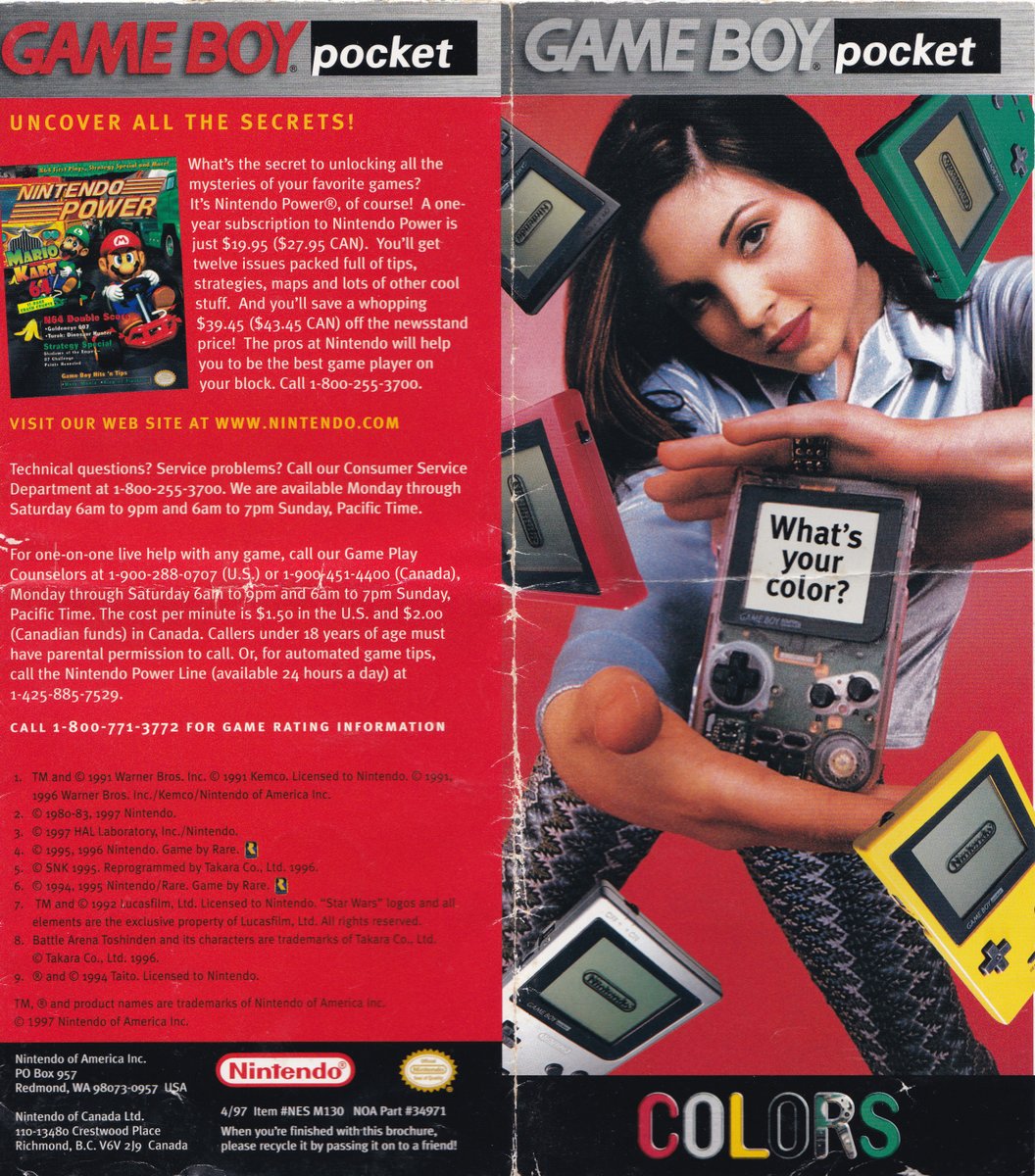 GeeksLineGlobal's tweet image. April 1997: "What's your color?"
Game Boy Pocket brochure from Nintendo of America mentioning the Super Game Boy, and featuring games that were "Player's Choice" (sold over a million copies).
Brochure via: @JohnAndersen21.