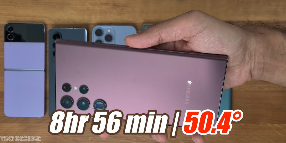 sondesix's tweet photo. The difference in battery life between Galaxy Z Fold4, Flip4, and S22 Ultra are within the margin of error, honestly.

But with that being said, it's impressive that both foldables can beat (or match) the S22 Ultra like that, despite having much smaller battery capacity. https://t.co/V4TlcDvbKa