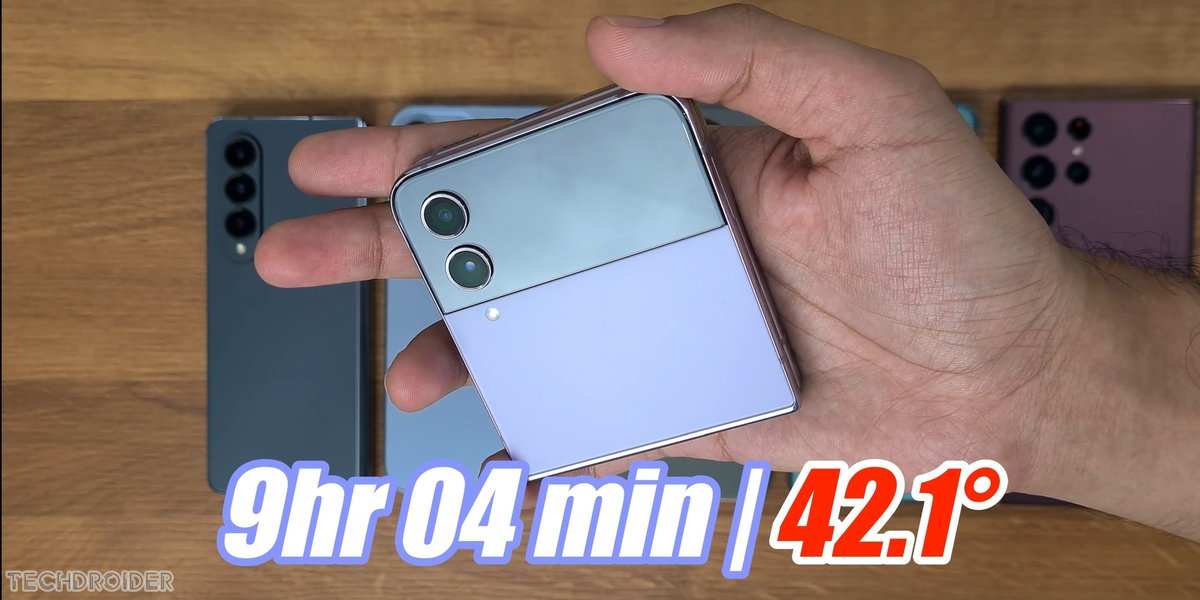 sondesix's tweet photo. The difference in battery life between Galaxy Z Fold4, Flip4, and S22 Ultra are within the margin of error, honestly.

But with that being said, it's impressive that both foldables can beat (or match) the S22 Ultra like that, despite having much smaller battery capacity. https://t.co/V4TlcDvbKa
