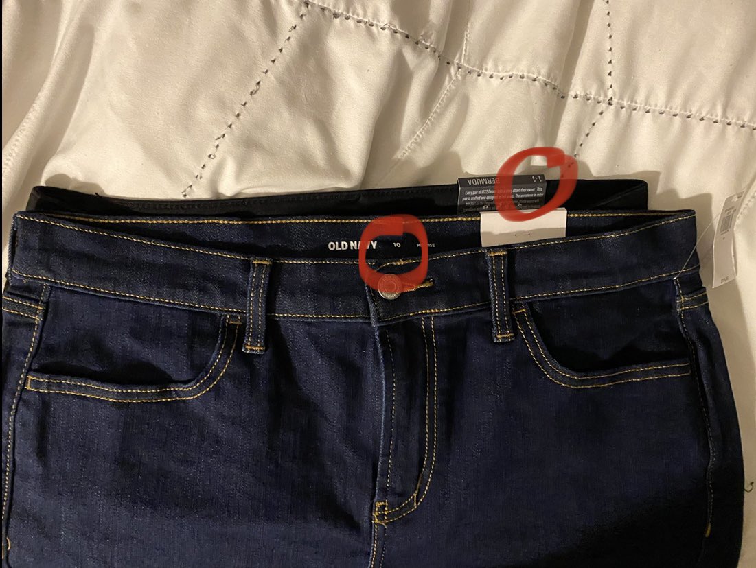meg_dyer's tweet photo. Just a reminder how fucked up womens clothing is. Both brand new, different stores. Size 10 is much bigger than the 14??? Don’t worry about the size printed on your clothes!! https://t.co/TyYvctpUJp