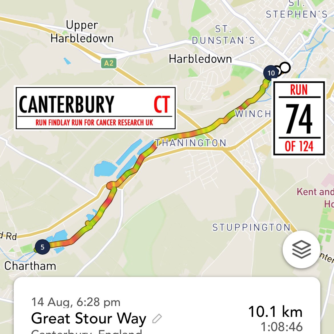 RunFindlayRun's tweet image. Run 74 of 124  #RunFindlayRun for @CR_UK in every postcode UK. Cooling down weather made for stunning run from #Canterbury to #Chartham and back on the #GreatStourWay after “Horsing” around outside #CanterburyCathedral 

Weirdly final run of the three felt easiest but need sleep