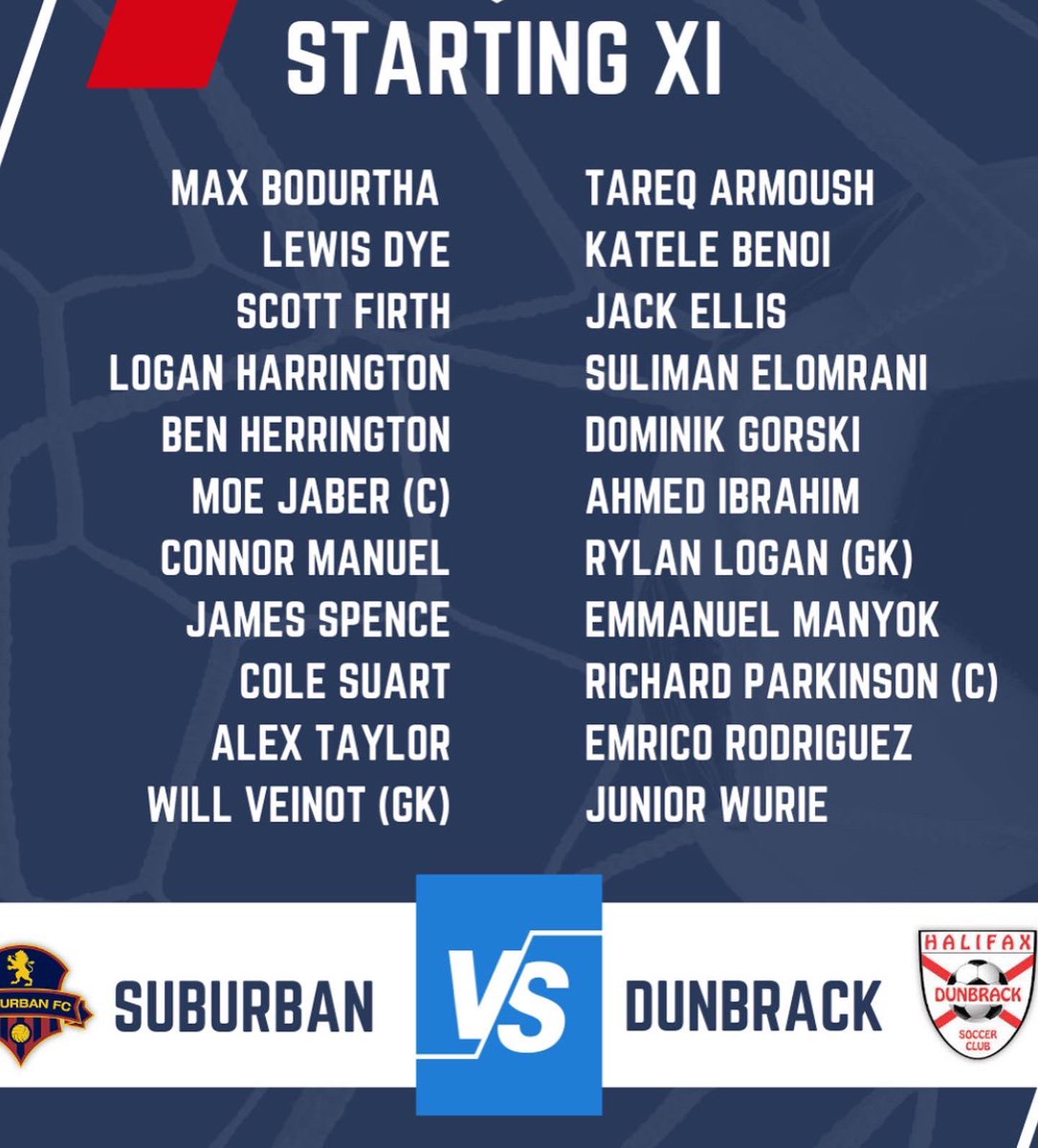 SoccerNS's tweet photo. Starting XI 

🥇| AAA MENS Provincial Finals
⚽️| @SuburbanFC 🆚 @HalifaxDunbrack 
📅| August 14
🕤| 03:30 PM
🏟| MAINLAND COMMONS - Halifax

Qualification for the @CanadaSoccerEN Challenge Trophy 🏆 

#SNSPROVINCIALS https://t.co/5wKvpOJ5Jh