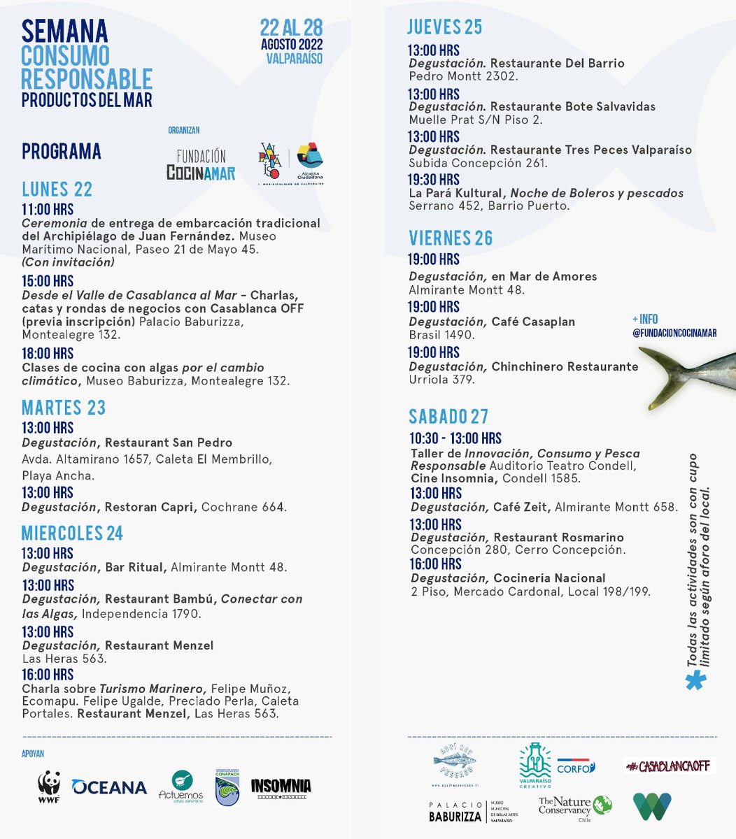 “Valparaíso Sabe a Mar”, Semana del Consumo Responsable de Productos del Mar se realizará en #Valparaíso junto a <a href="/valpoturistico/">Departamento de Turismo de Valparaíso</a> desde el lunes 22 de agosto se reúnen pescadores, cocineros, investigadores y la comunidad para dar valor a la pesca responsable. #Valposabeamar