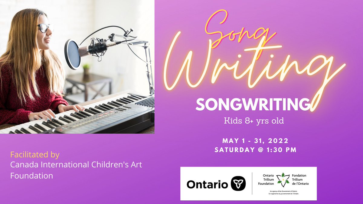 ChildrenArtFest's tweet photo. CICAF Virtual Song-Writing Workshop🌟

May 1st - 31st, 2022
Saturdays 1:30 pm - 2:30 pm

https://t.co/KhmIGjIVd8

Thanks @ONTrillium !

#childrenart #workshoponline #digitalart
#communityart #onlineartclass #onelineartwork #art #artwork #workshop #virtual https://t.co/4PBk7d0Ohd