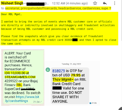 singhNisheet's tweet photo. @RBLBankCares I have already shared the concern in mail to your top mgmt, CEO, board of directors and Nodal officers. Plus I am out of India so can not talk on phone so please communicate in email or in DM. https://t.co/Sjnj2CM3Zh