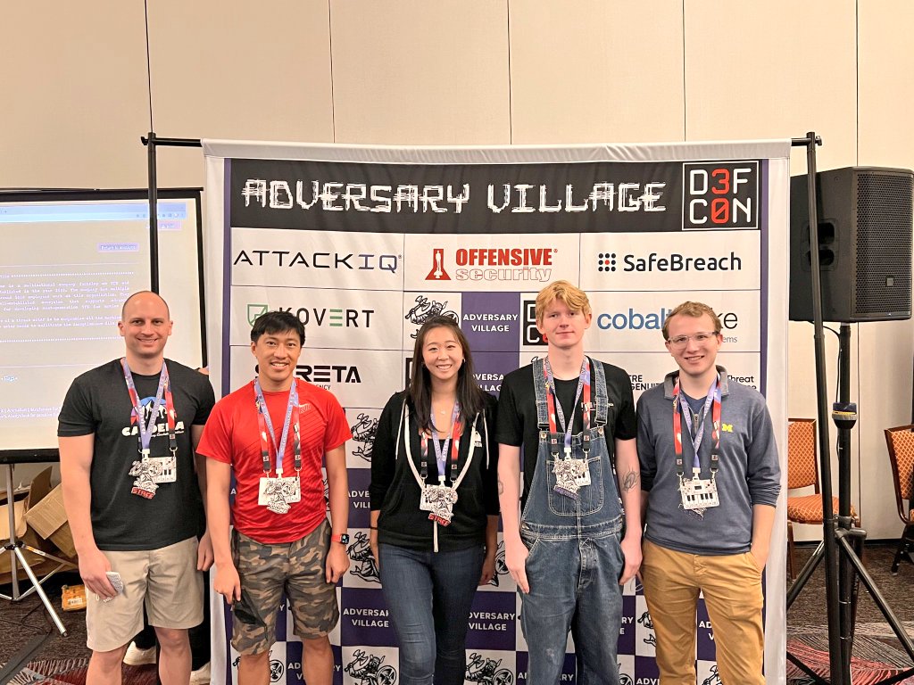 AdversaryVillag's tweet image. Day 3 of #AdversarySimulatorBooth
#Caldera team 💜💜
Michael, Jay Yee, Melanie Chan, Dean and Ethan!
@MITREattack
@MITREcorp 
#AdversaryVillage at @DEFCON 30