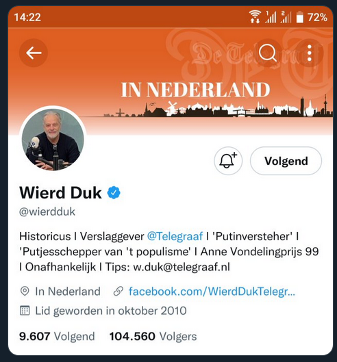 notdukwierd's tweet photo. Wierd Duk kan 's man's acties ook niet meer verstehen, verandert zijn profiel in 'putinwatcher' ('putinpijper' had de lading ook gedekt overigens) Nu en tot voor kort: #admintweet hattip @karlkortvanstof https://t.co/YL5AmTUV40