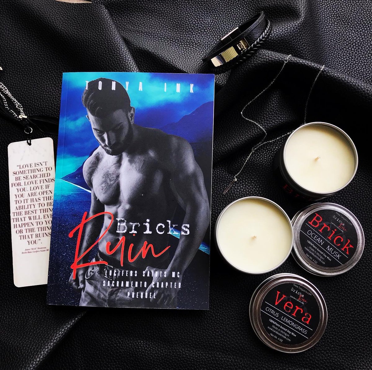 BRICKS RUIN Book Box is RESTOCKING August 19th

* Signed Copy of Brick’s Ruin
* Two Custon scented Soy Candles by @tarabusicreek 
* Bracelet
* Necklace 
* Bookmark

Shop tonyaink.com