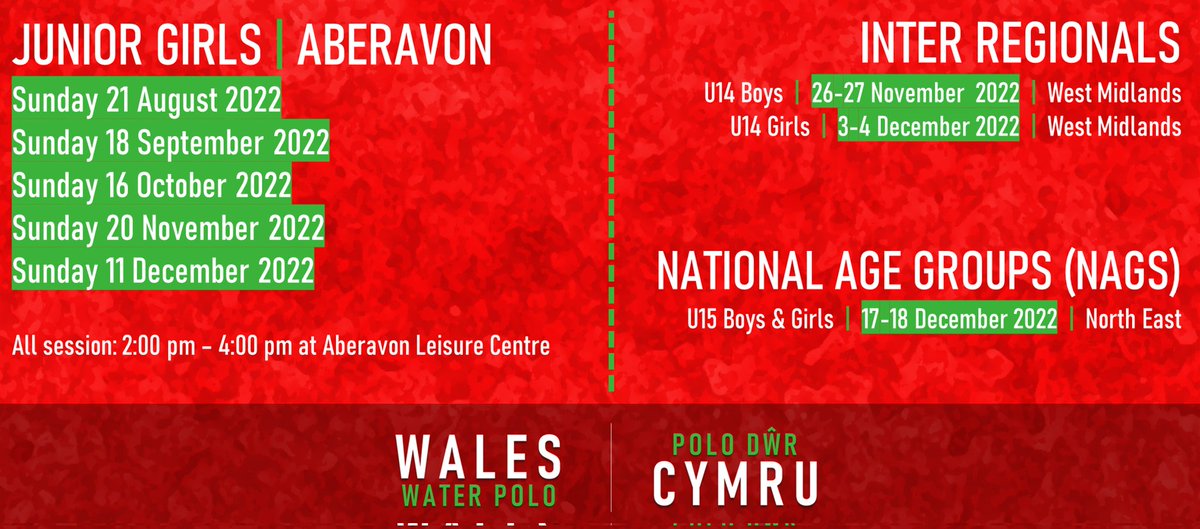 Dates for the diary✍
▪️RTC Trial
▪️Junior Men &amp; Youth Boys Clinic 
▪️Junior Girls Clinic
▪️Inter Regionals &amp; NAGs
#WalesWaterPolo🏴󠁧󠁢󠁷󠁬󠁳󠁿
#PoloDwrCymru🐲