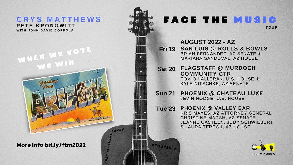 We've organized music shows to recruit volunteers for  races in AZ!
In Phoenix, Flagstaff, San Luis, AZ. 
We're supporting the AZ AG, 2 US House, &amp; 7 state leg campaigns. Please invite folks!

Tour info: bit.ly/ftm2022