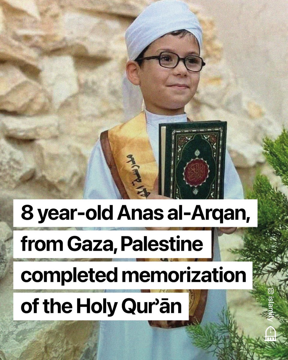 Alhamdhulillaah's tweet photo. Anas al-Arqan, an 8 year old Palestinian child from Gaza, completed the memorisation of the Holy Qurʾān.

Allāhumma barīk lahu. https://t.co/sMY40V5E5W