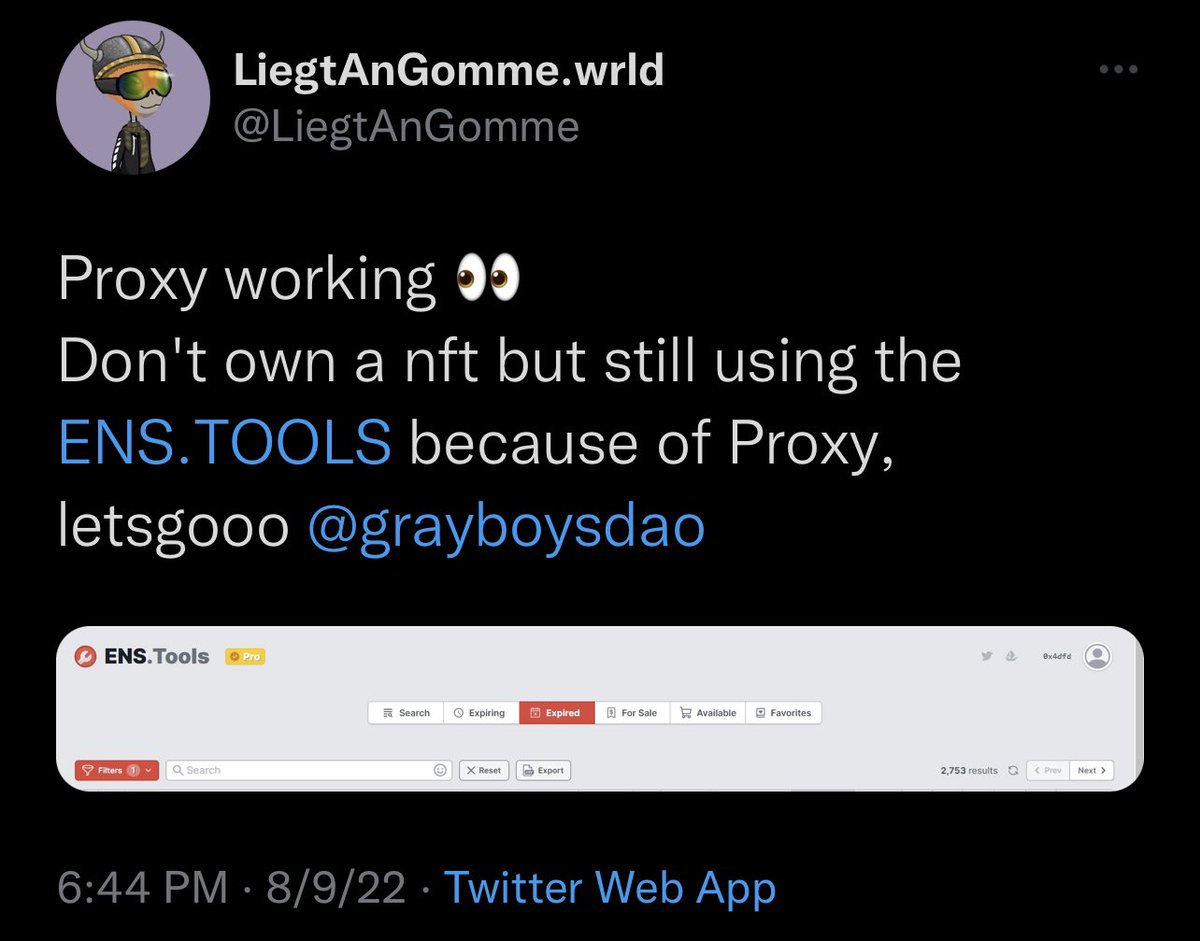 🚨 We have a great example of the proxy being used!!! 🚨

A Grayboy 👽 used the beta proxy to sign into <a href="/enstools/">ENS.Tools | ENSTools.eth</a>!! Keep in mind, a gray boy is currently ~ 0.14 and enstools is currently floored at ~0.4! That’s what I call saving😮✅