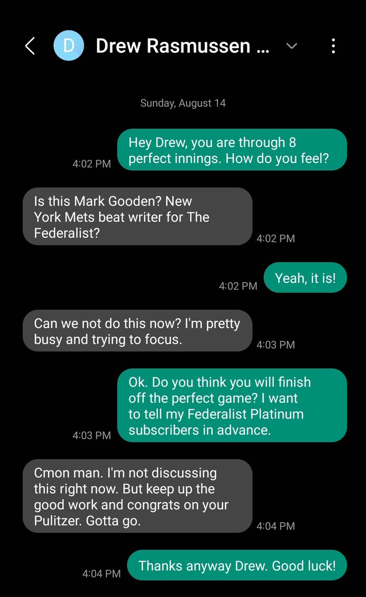 TooGooden17's tweet photo. I texted with Tampa pitcher Drew Rasmussen, who has a perfect game going, between innings. Here is our conversation. https://t.co/GA9OE3Lll5