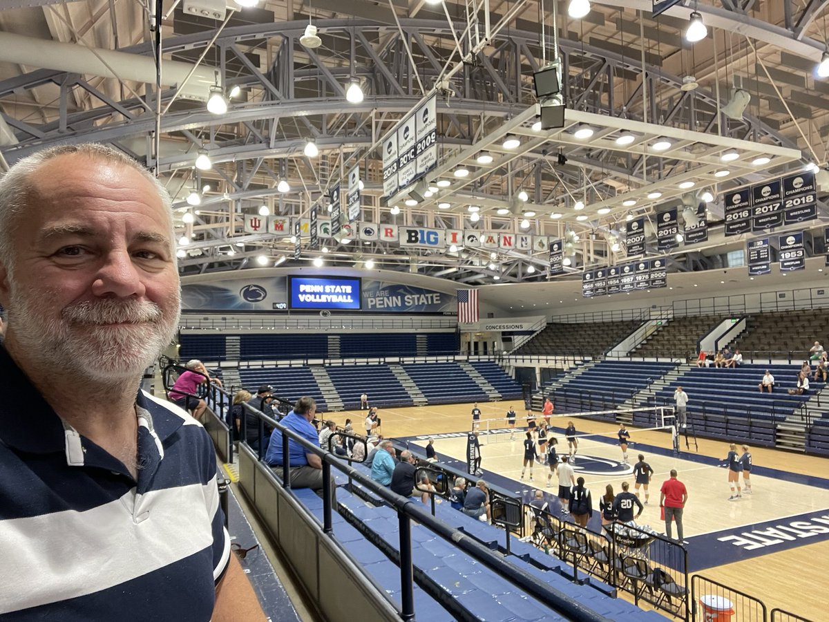DeVoreCast's tweet photo. Guess this means summer is just about over! Watching their opening practice weekend scrimmage at #RecHall as I get ready for season 29 as the "Voice" of @PennStateVBALL! #WeAre @GoPSUsports https://t.co/xUMOZKpzc1
