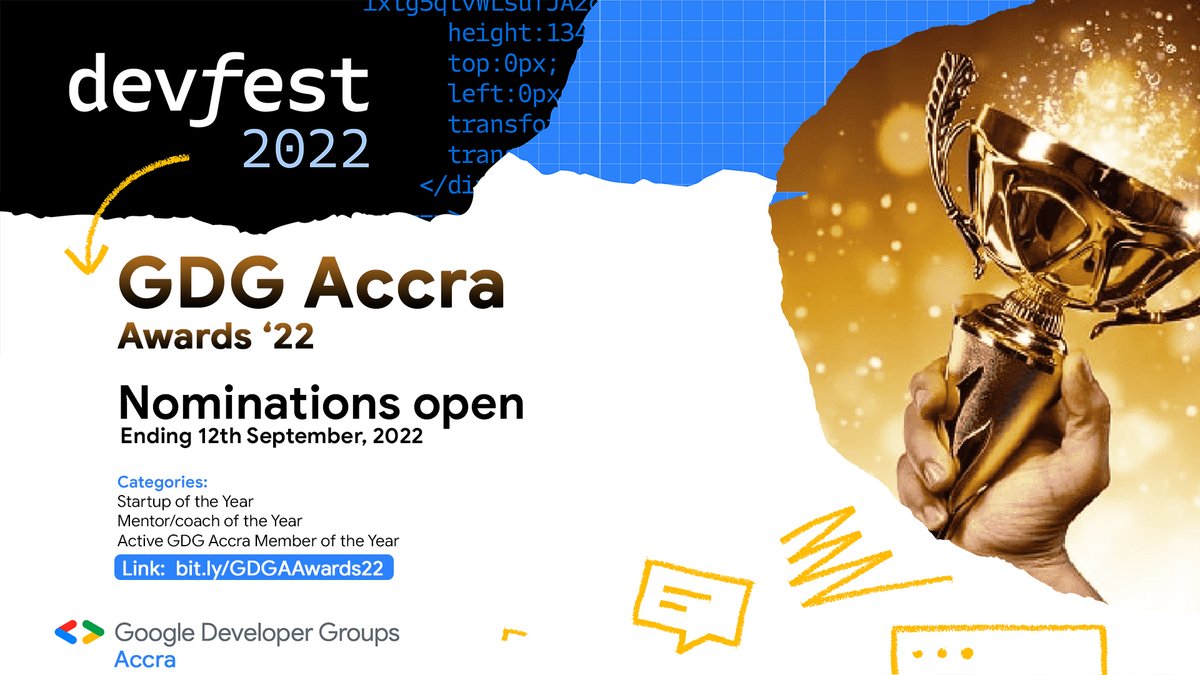 GDGAccra's tweet image. Nominations for the maiden edition of the Google Developer Accra Award 2022 are now live.

Click on the link below to nominate your favorite personality... 👇
bit.ly/GDGAAwards22

For sponsorship, email: gdgaccra@gmail.com

#DevFest2022 #GDGAccraAwards22 #GDGSSA
