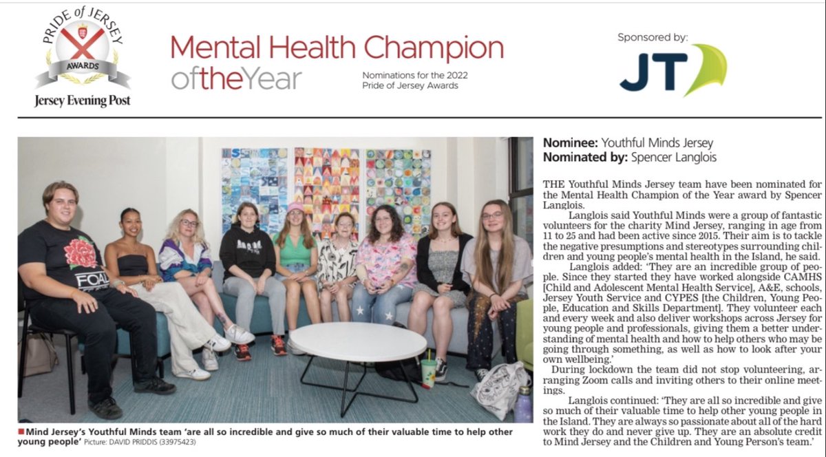 Youthful Minds have been nominated for Mental Health Champion of the Year for Pride of Jersey 2022!

We are so greatful for the nomination especially within this category. Best of luck to all those nominated! 

Voting link to follow soon! ￼

#mentalhealthadvocates