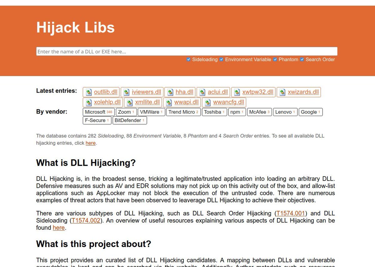 Wietze's tweet image. Today I&apos;m launching #HijackLibs, an open-source, community-driven project tracking DLL Hijacking opportunities in in Windows

🌍 LIVE on hijacklibs.net 👈
🆕 Currently comprising over 350 unique DLLs that can be targeted
🤝 Contribute via github.com/wietze/hijackl…