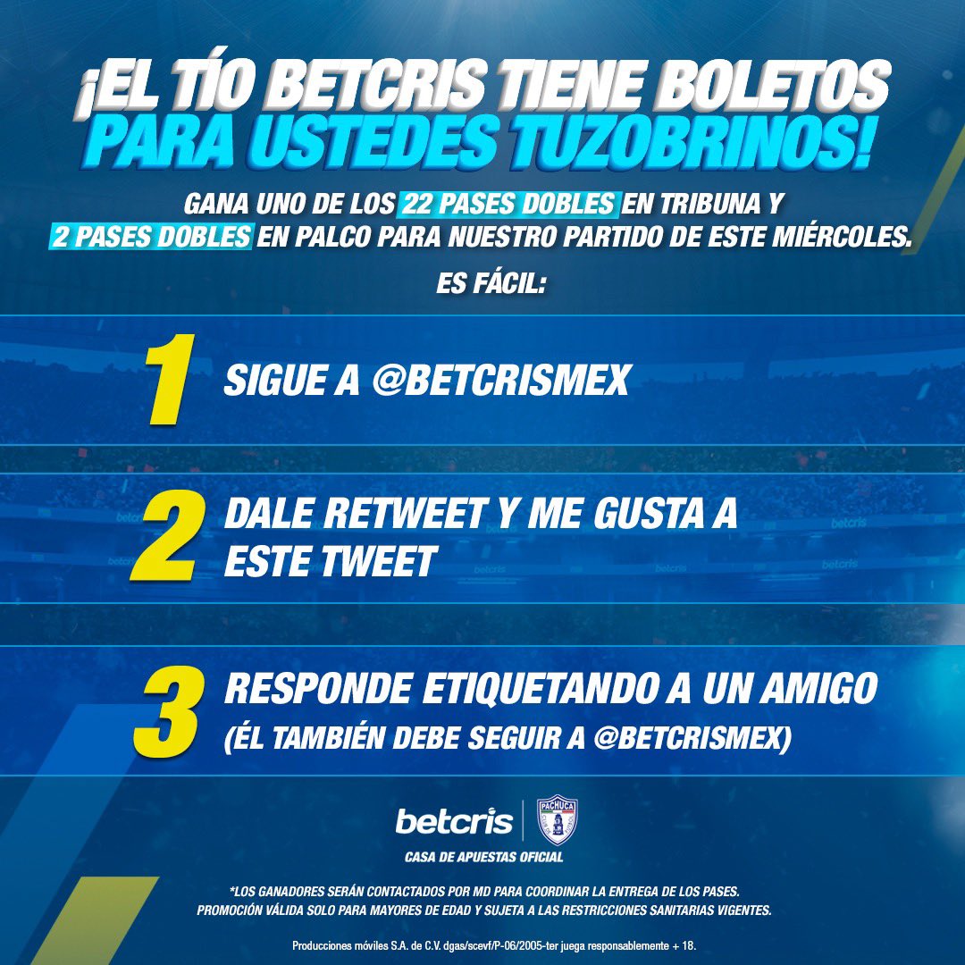 Tuzos's tweet photo. El tío @betcrismex tiene boletos para ustedes: 

Gana 1 de los 22 pases dobles en tribuna y 2 pases dobles en palco para nuestro partido de este miércoles 🏟

Checa bien los pasos 👀 
        
¡Tienes hasta el martes para participar! https://t.co/F5Ik4OqoKS