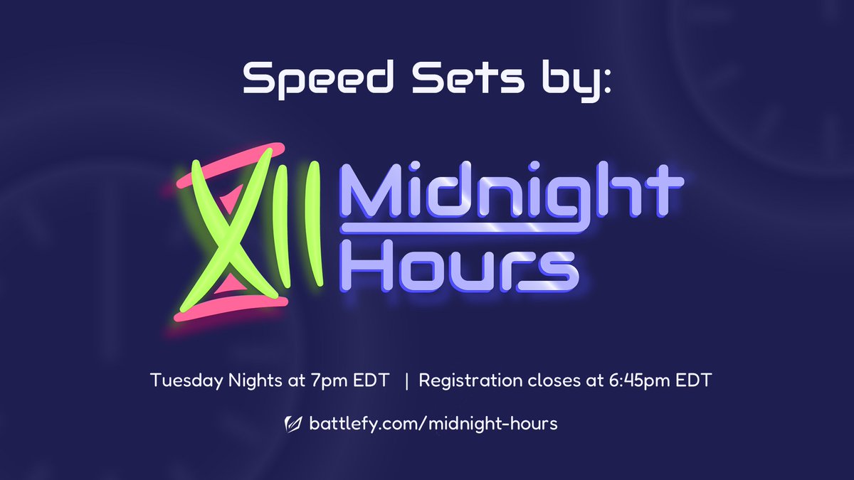 Introducing Speed Sets: An open, double elimination tuesday weekly
Redemption Bracket for lower level teams
Competitive Sets for higher level teams
First edition is 8/23/2022 at 7 PM EDT

Sign up now:
battlefy.com/midnight-hours…