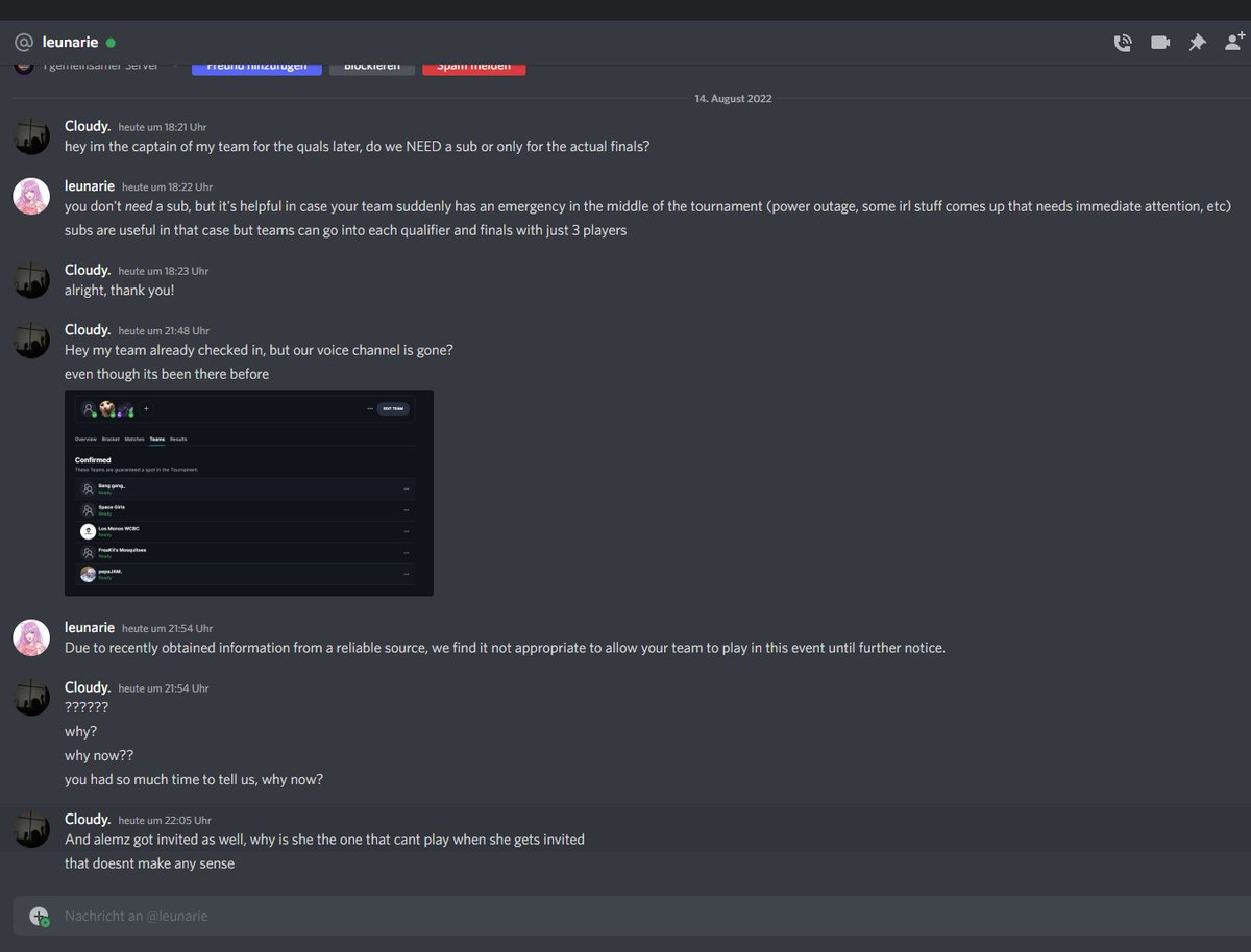 I know RLCS and LAN and all is taking place rn, BUT can we please talk about the unfair and unprofessional  <a href="/sggamerpro/">Super Girl Gamer</a> treatment my team and i had to face just rn? We'retold we're fine to play only to then 10 MINUTES before it starts to get disqualified/banned out of nowhere..?!