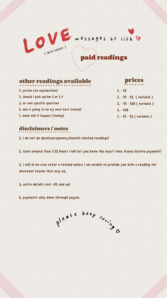 hi! welcome to my profile :) im lish and i offer these tarot + intuitive readings. prices are fixed unless specified. feel free to dm for doubts!
