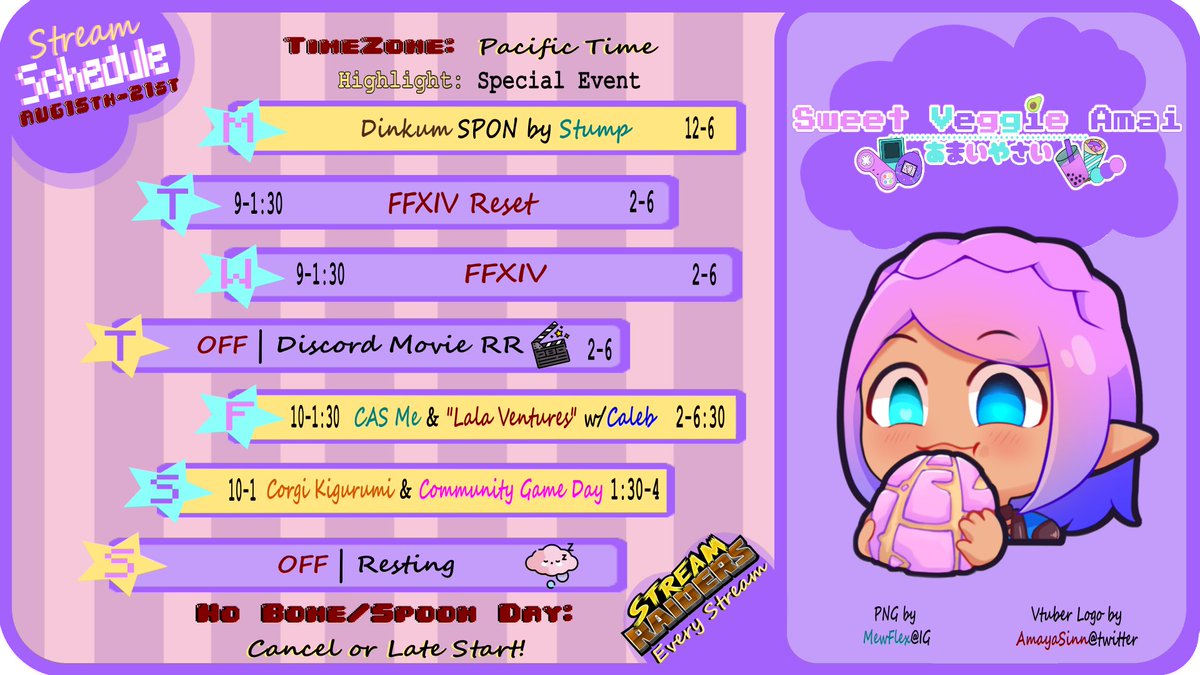 sweetveggieamai's tweet photo. Aug 15-21st #STREAM #schedule 
Late Start on M due to🦷appt
M: Dinkum SPON by @Stumpicus 
F: CAS Me &amp; Lala Ventures w/@cjn8605 
SA: Corgi #kigurumi for 3hrs on #CommunityDay 
🌈Ty for being so understanding of my situation Veggies🍆🥰
✨https://t.co/loZtIYFyoa✨ https://t.co/OGXLZP6B2w