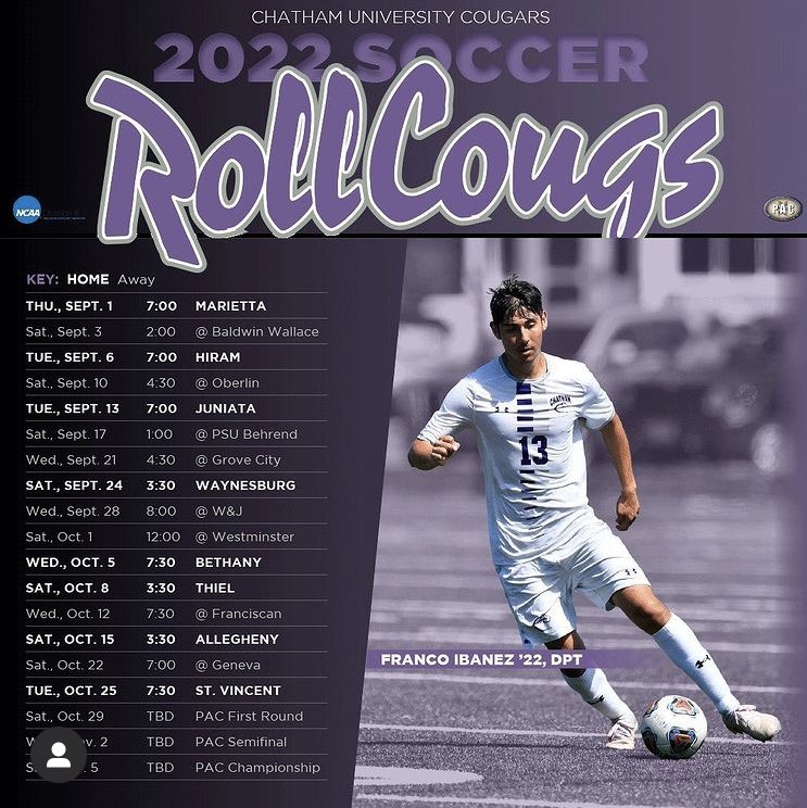 Chatham_WIH's tweet photo. Seeing fall sports schedules mean only 1 thing! The Cougs are rolling back to Pittsburgh! Good luck @ChathamU_WSoc @ChathamXctf @chathammsoccer @chathamVball #PrideinthePaw https://t.co/j4lRQ4PFcR