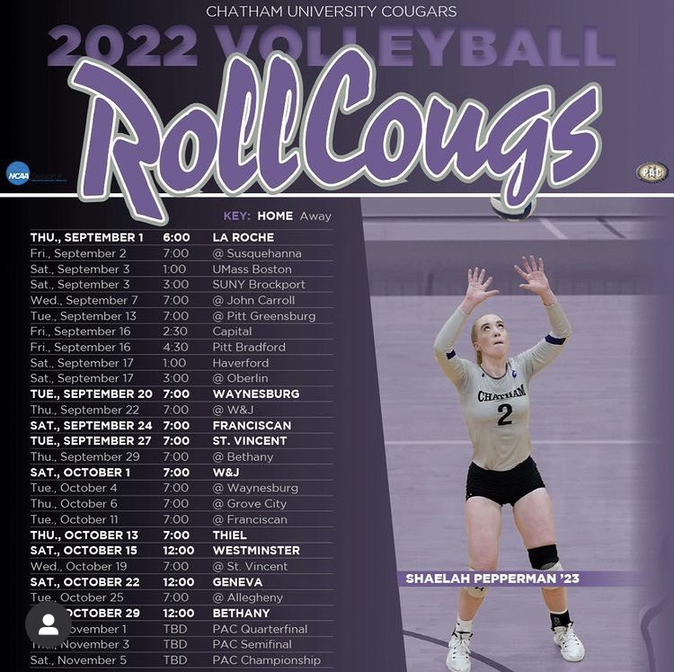 Chatham_WIH's tweet photo. Seeing fall sports schedules mean only 1 thing! The Cougs are rolling back to Pittsburgh! Good luck @ChathamU_WSoc @ChathamXctf @chathammsoccer @chathamVball #PrideinthePaw https://t.co/j4lRQ4PFcR
